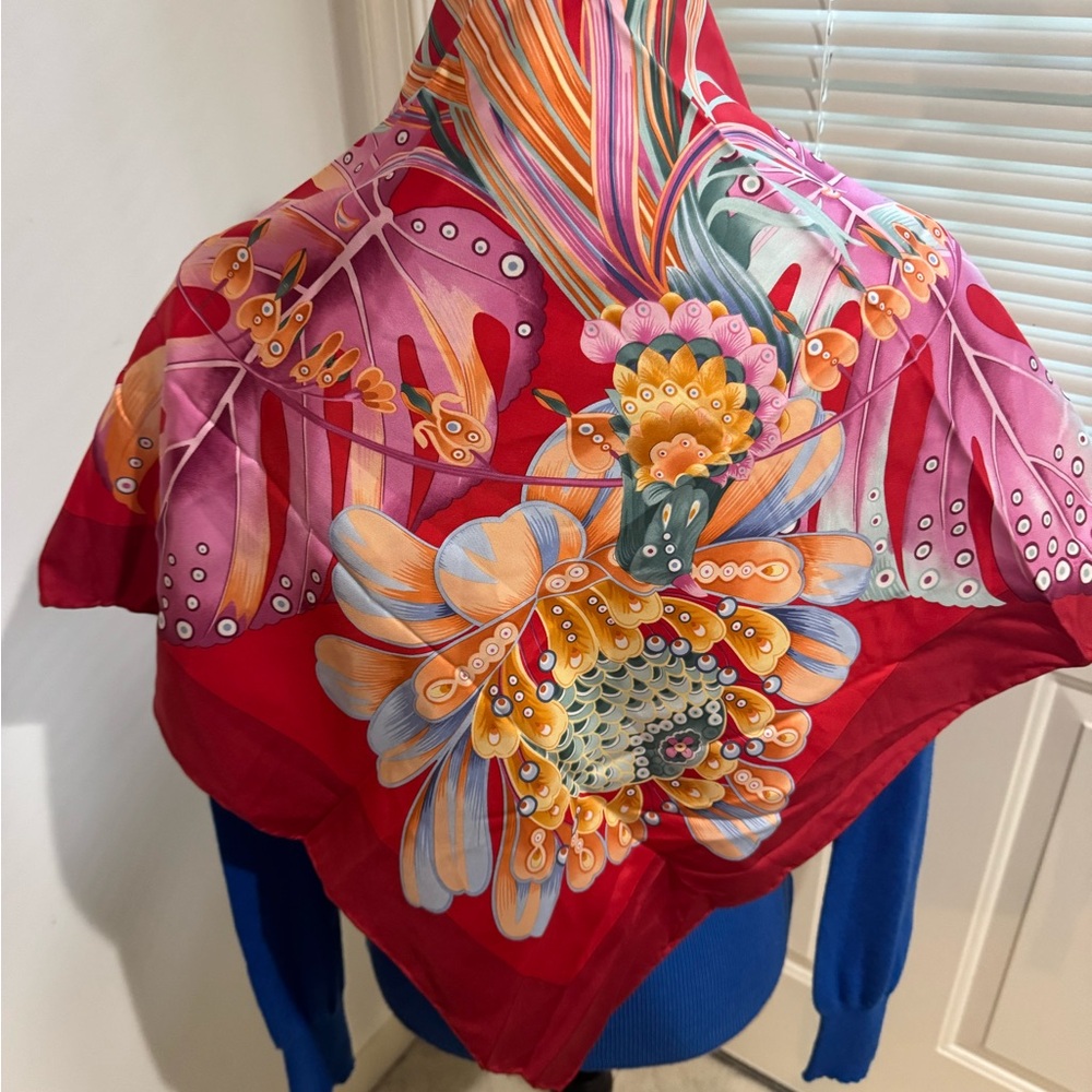 Salvatore Ferragamo Red and Pink Floral silk Scarf approximately 34”x34”